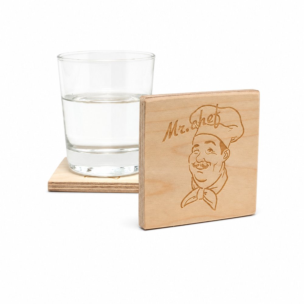 Engraved Plywood Coasters — Square Birch, 9mm