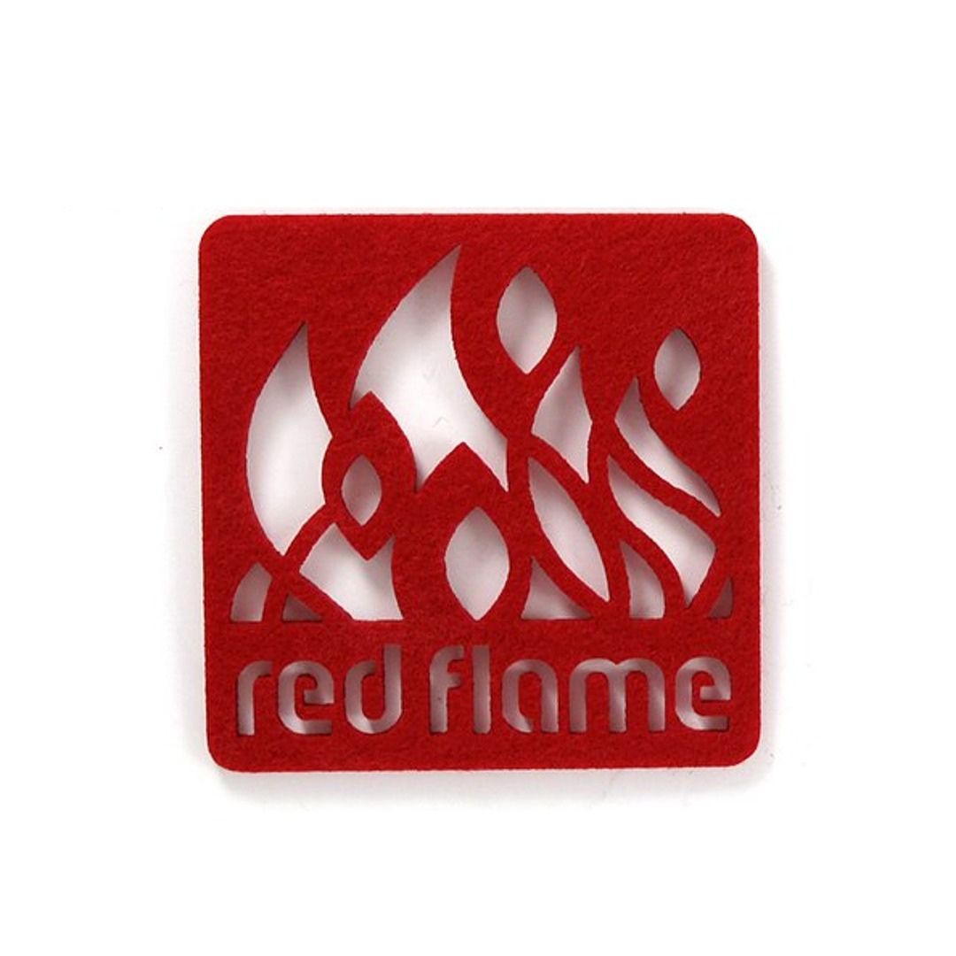 Red Flame Laser-cut red felt coaster with negative-space wordmark produced by Sense2
