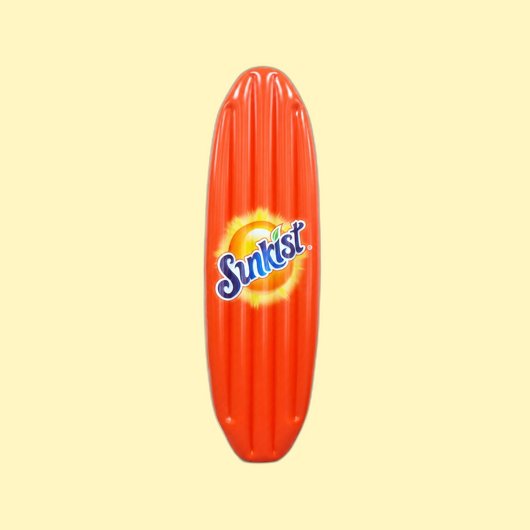 Sunkist Inflatable longboard-style pool float with Sunkist sunburst produced by Sense2