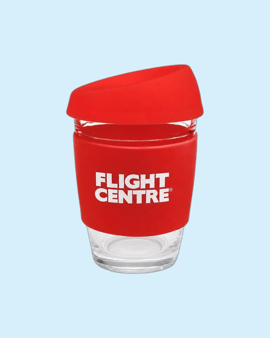 Flight Centre — Glass keepcup with red silicone Flight Centre sleeve