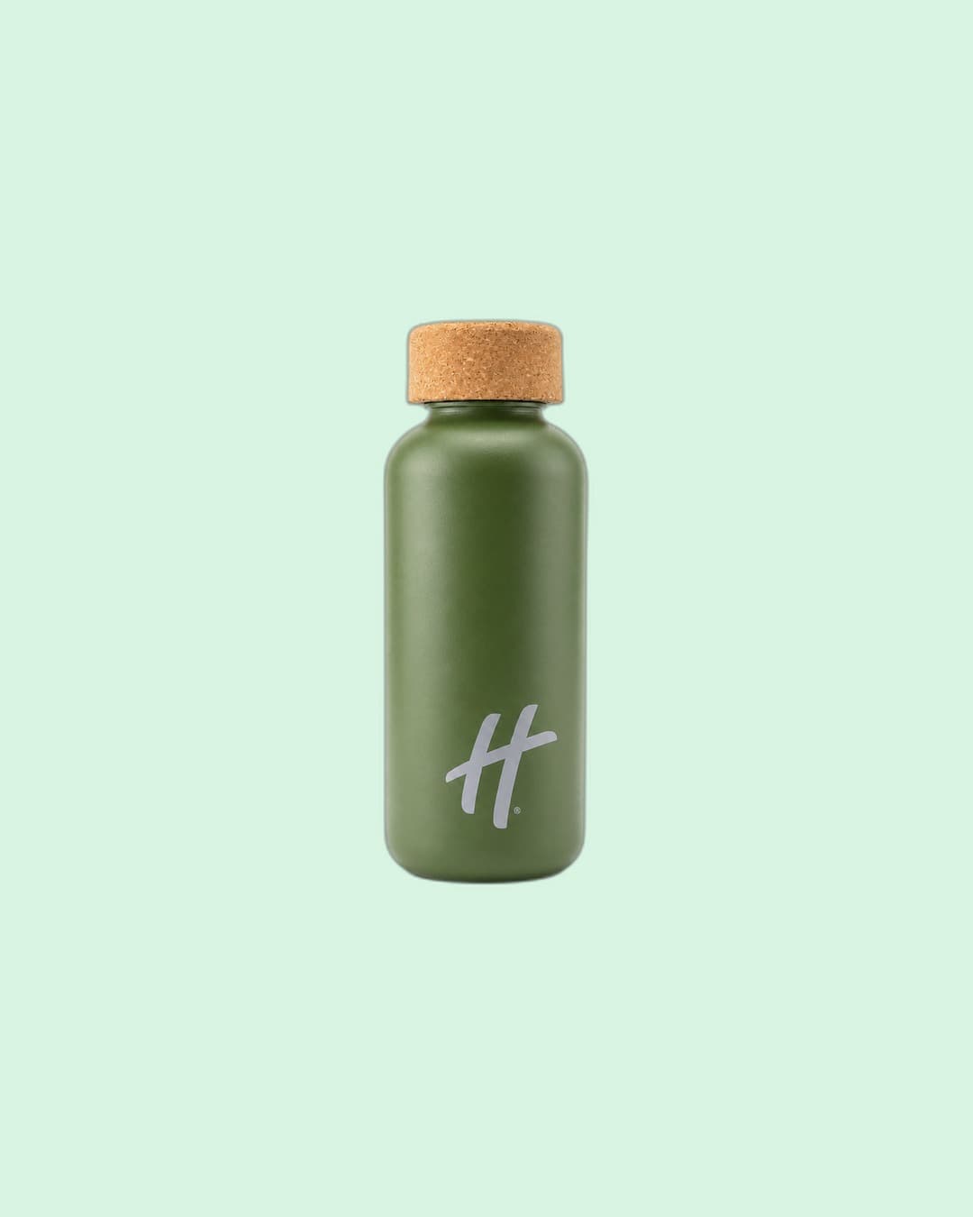 Huel — Olive matte water bottle with cursive H and cork stopper