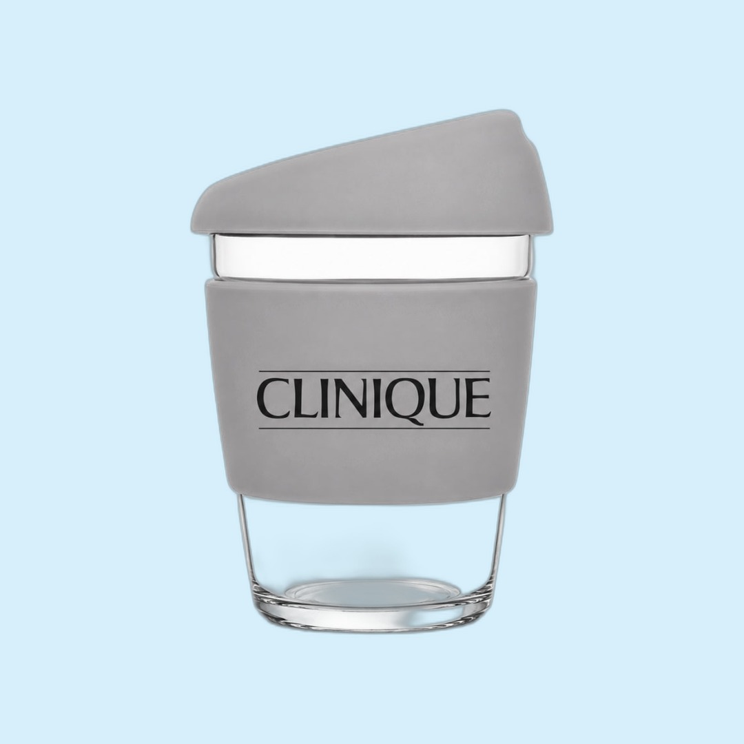 Clinique reusable glass coffee cup with grey Clinique sleeve produced by Sense2